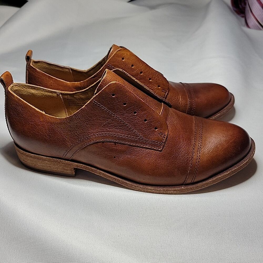 Kork-Ease Rori Oxford Shoe Women Tan Rum Leather Cap Laceless Up Slip On Flat - Picture 3 of 11